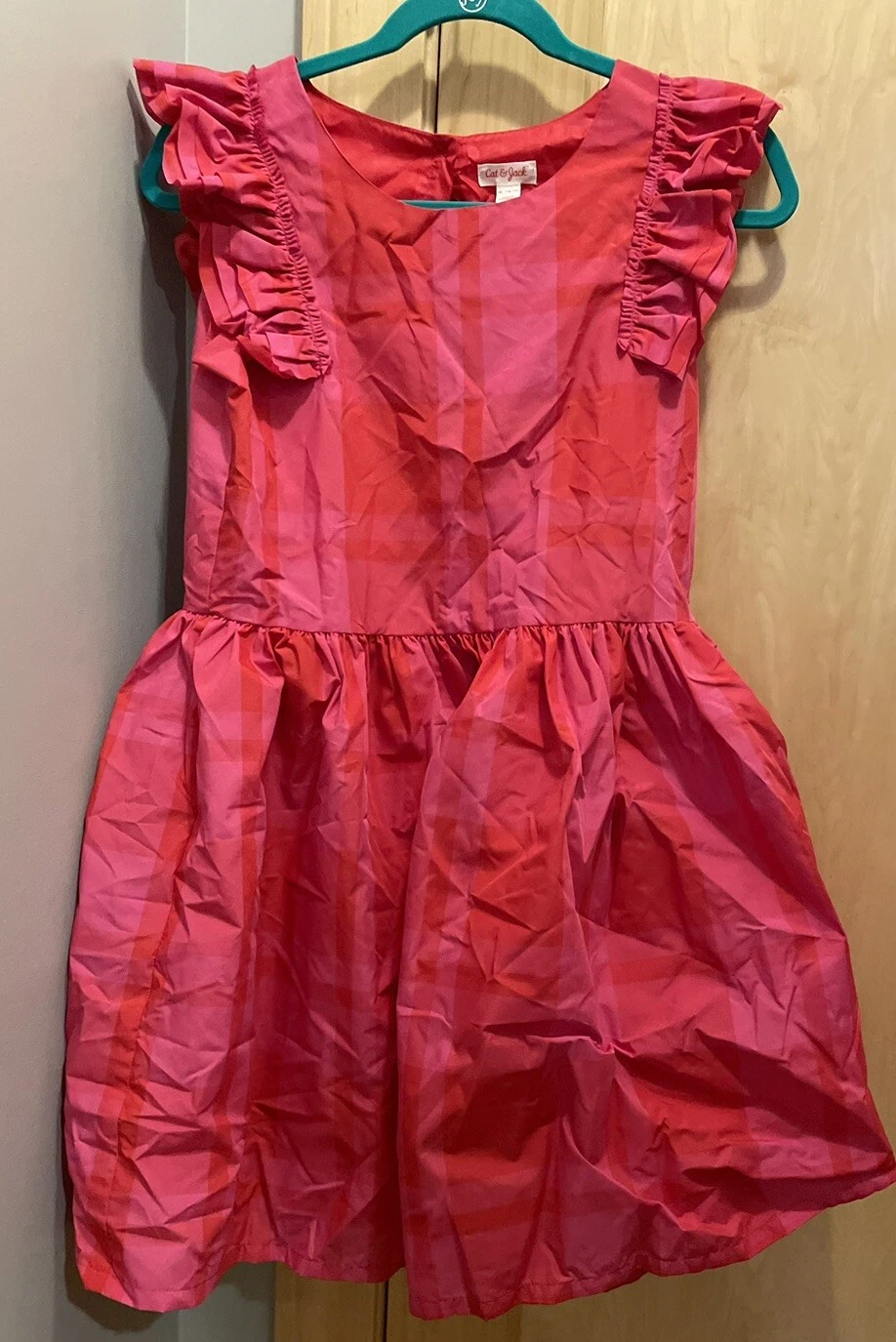 Girls Cat & Jack Bubble Sleeve Pink Red Plaid Dress Sleeveless Size 14/16 NWT