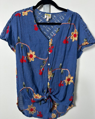 Fig & Flower Embroidered Floral Tie Button Front Blouse Boho Top Size S Blue B20