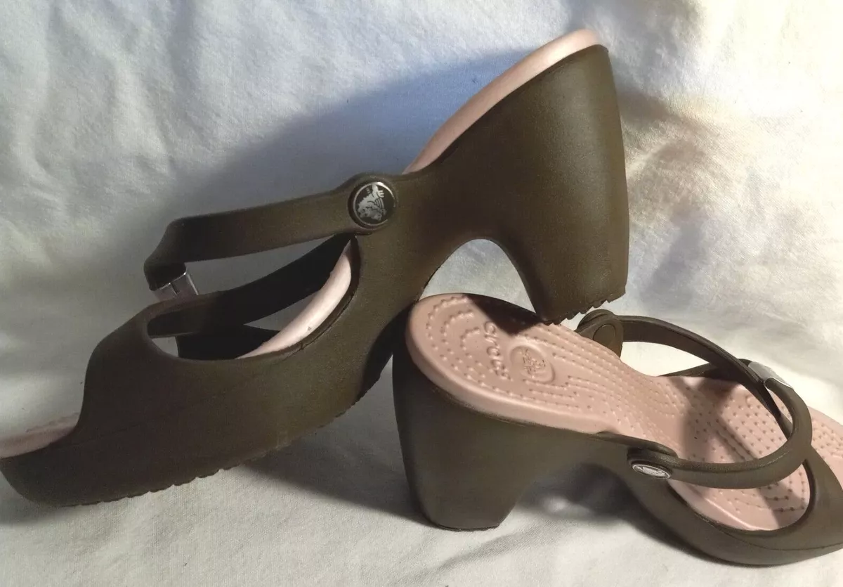 Crocs Women’s Brown & Pink Slip-On Chunky High Heels Sandals Size 8 EUC