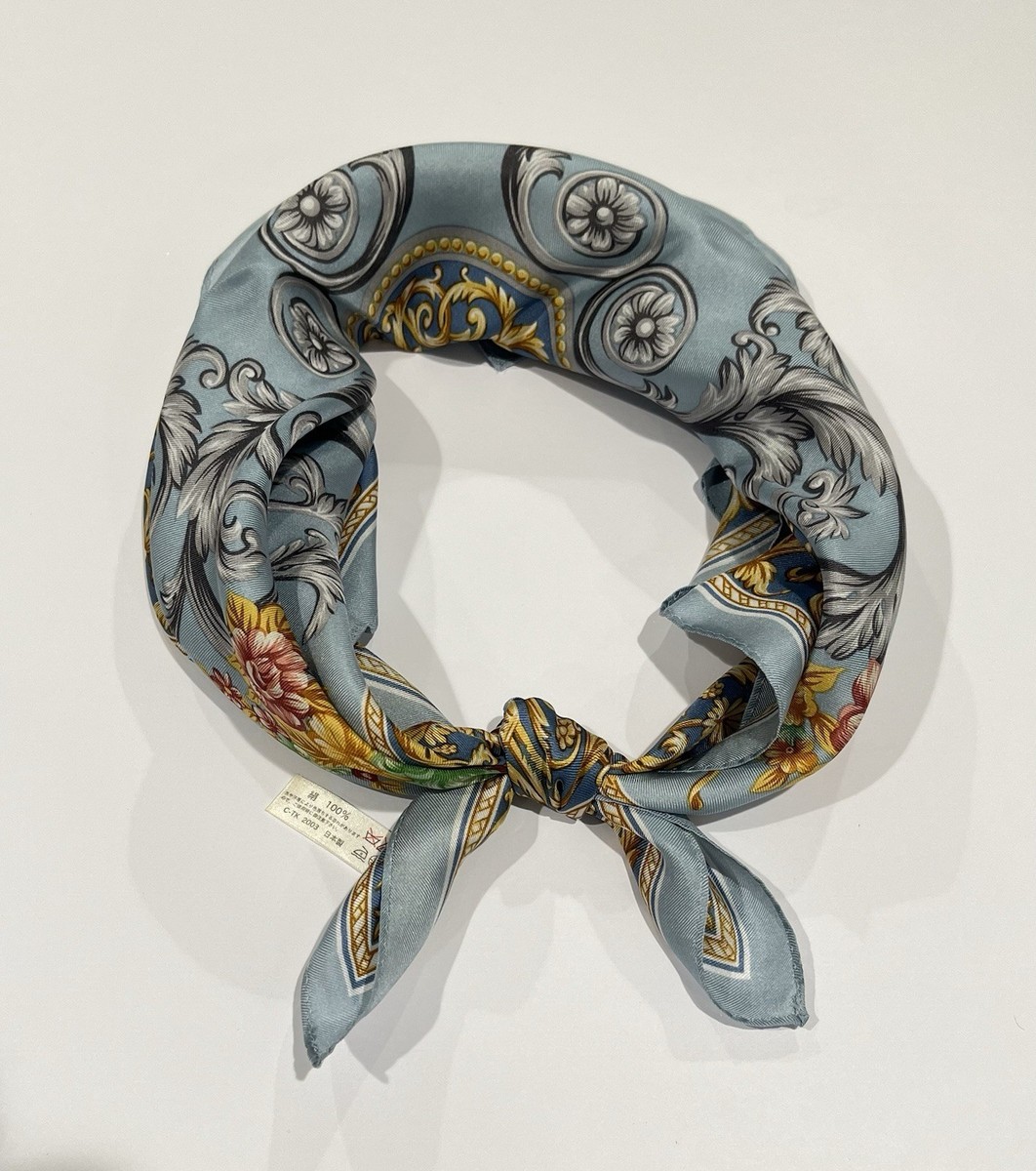 Vintage Lancel Silk Scarf Women Bandana Art Paisley Floral Blue