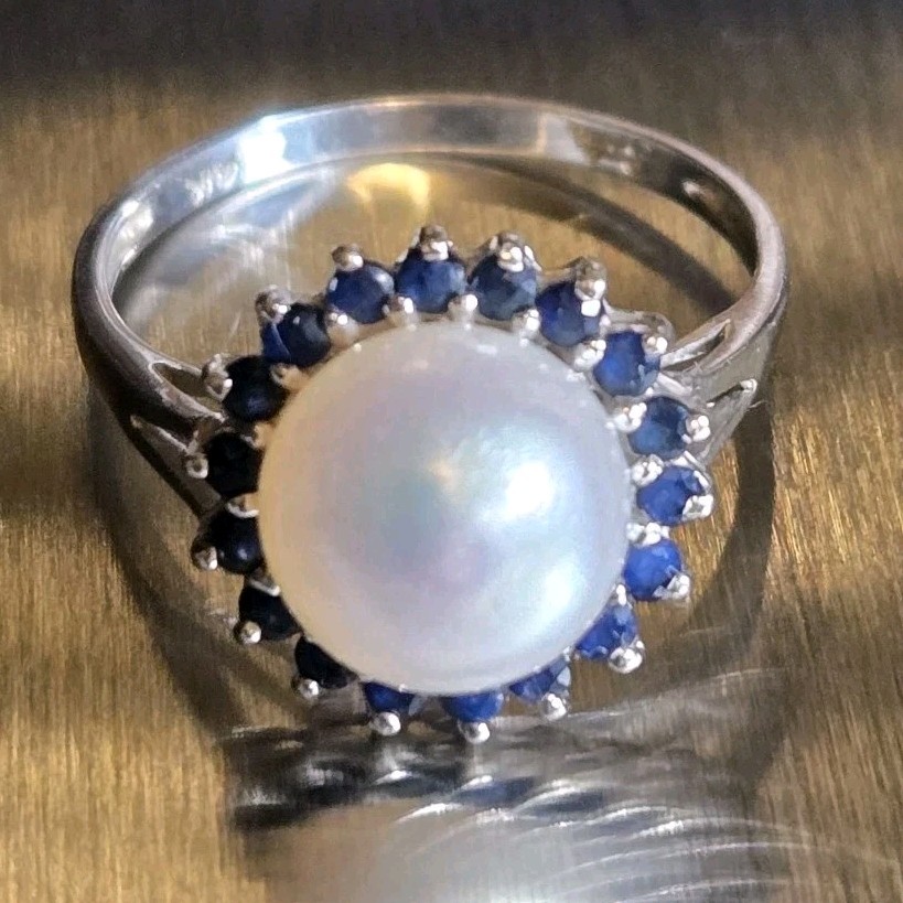 Vintage 14K White Gold Pearl Sapphire Halo Ring Size 6.5 Estate Fine Jewelry