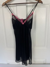 Betsey Johnson Intimates Black Lace Pink Detail Babydoll Negligee Teddy Small