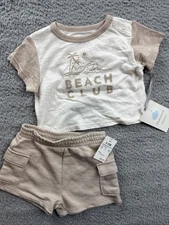 Cloud Island Outfit Infant Baby 3-6 Months Beige Beach Club Shirt Shorts Set