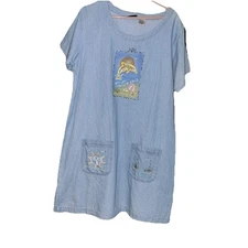 Ladies Vintage Get Lucky Denim Summer Dress Dolphins Hand painted