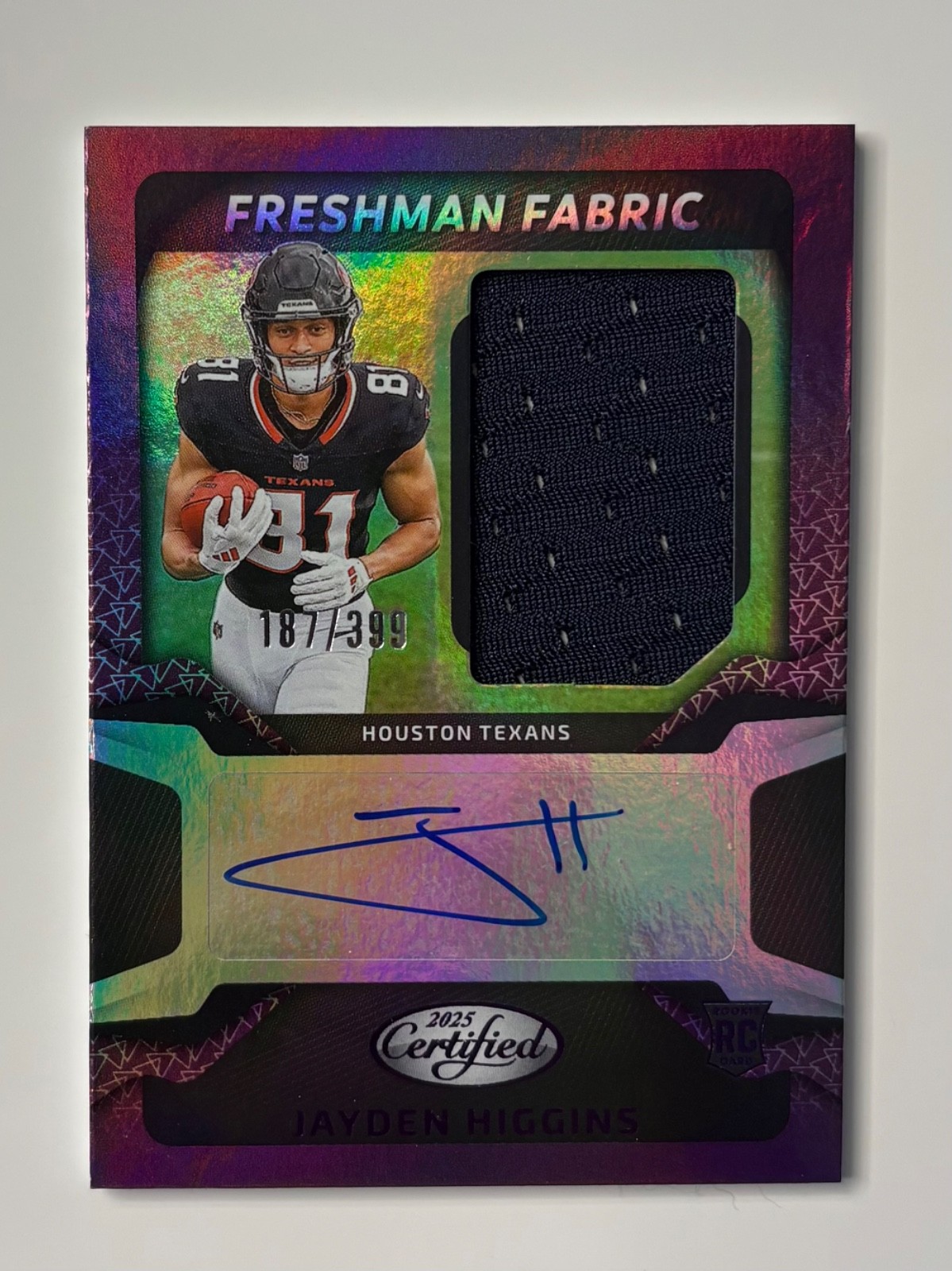 Jayden Higgins 2025 Panini Certified Auto /499 Freshman Fabric Rookie