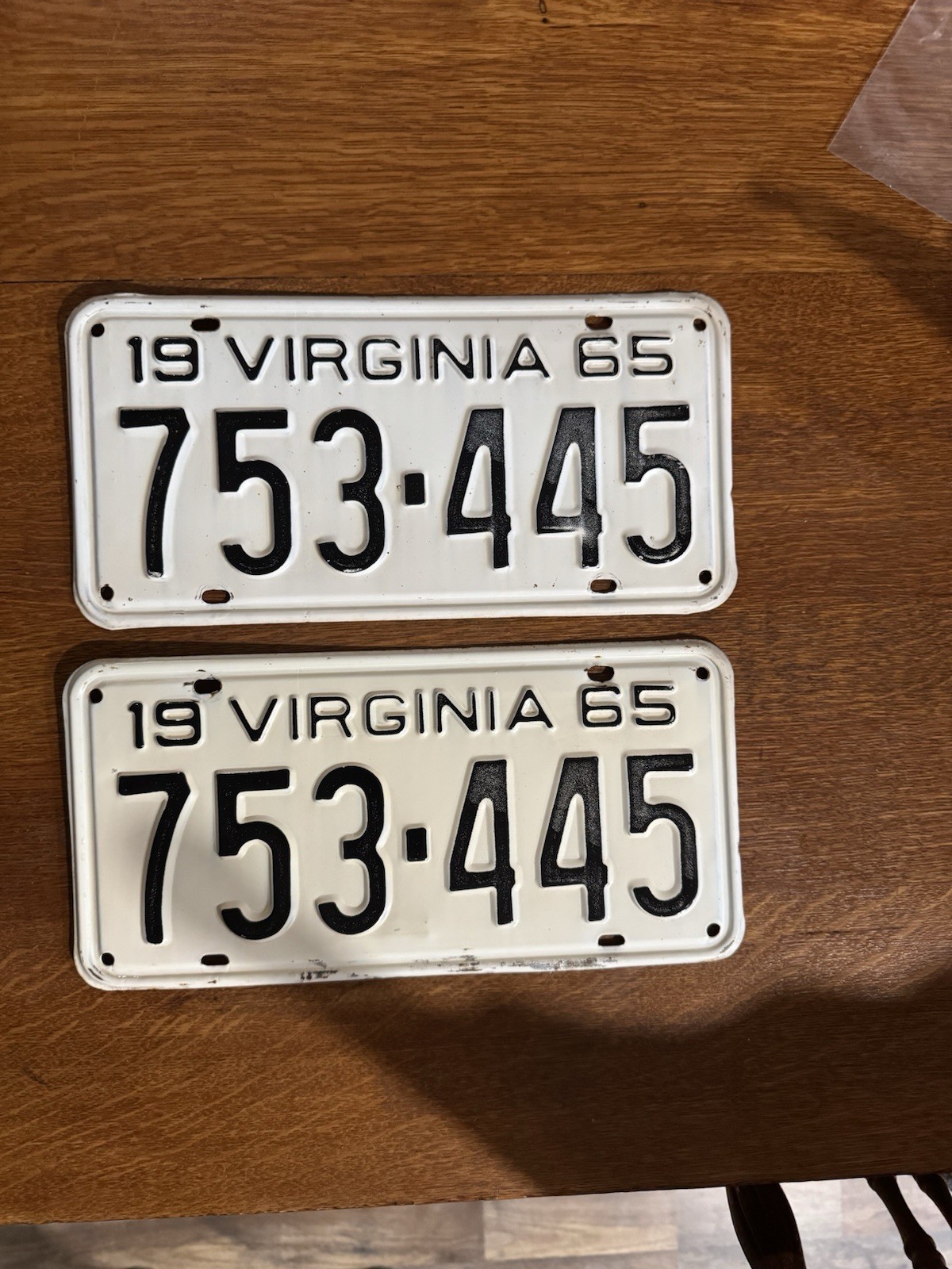 1965 Virginia License Plates Set 753-445 DMV Clear for Vintage Registration.