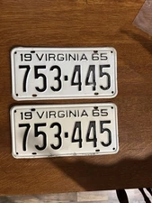 1965 Virginia License Plates Set 753-445 DMV Clear for Vintage Registration.