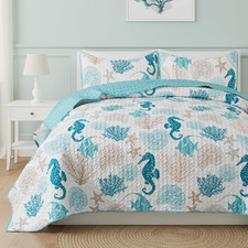 - Beach Quilt Set, Coastal Ocean Bedding, King with 2 Shams Seahorse Starfish
