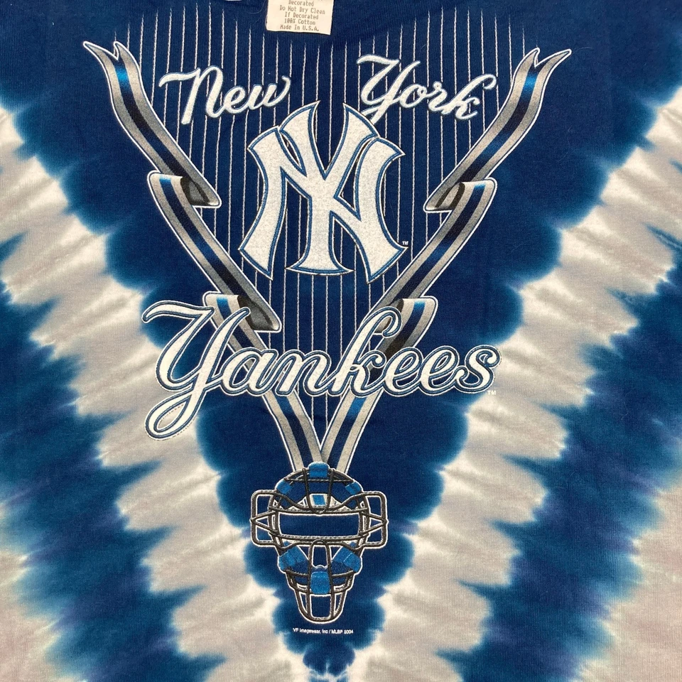 Винтажная Жидкая Синяя Рубашка New York Yankees Мужская M Синяя Серая 2004 Галстук Краситель Y2K Футболка - Изображение 3 из 4