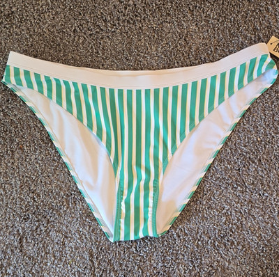 No Boundaries Women's Green/White Striped Cheeky High Leg Bikini Bottom XXL (20)