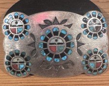 Early Vintage Zuni Inlay Stamped Silver Multiple Sunface Belt Buckle