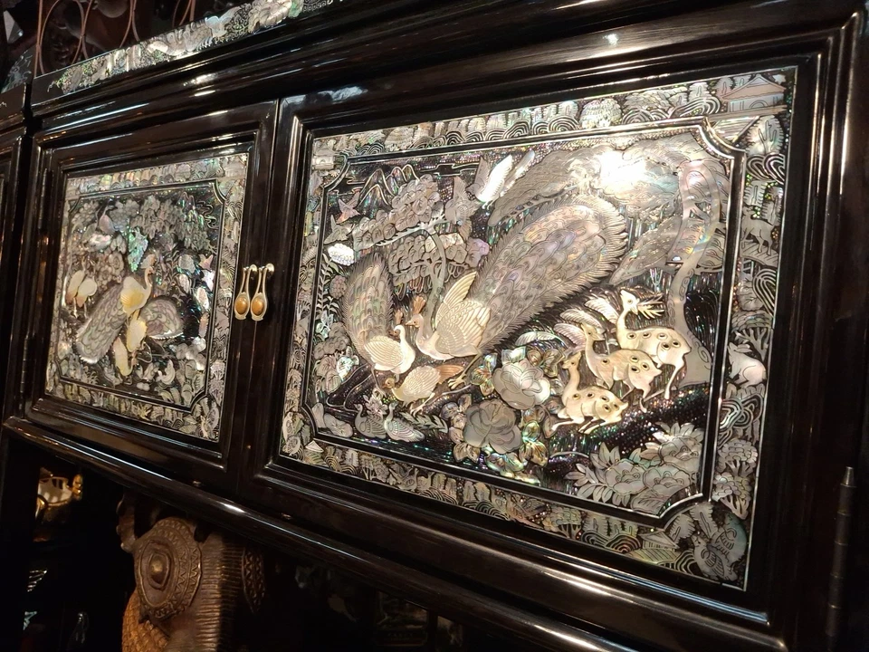 Korean Black Lacquer Mother of Pearl Large Cabinet Wall Unit - Image 2 of 4