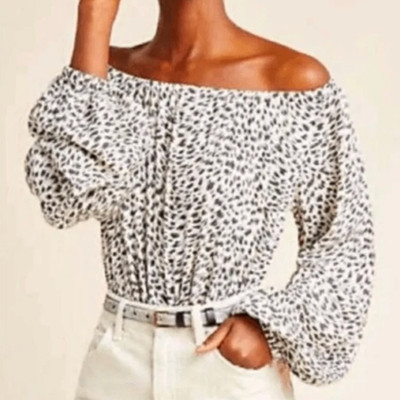 Anthropologie Cascais Off the Shoulder Top Leopard Print Neutral Long Sleeve S