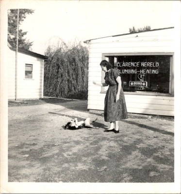 1950s Photograph Woman & Dog at Clarence Hereld Plumbing Heating Business