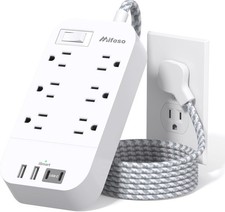 Flat Power Strip 5 FT Plug Extension Cord 6 Outlets 4 USB Ports Outlet Extender