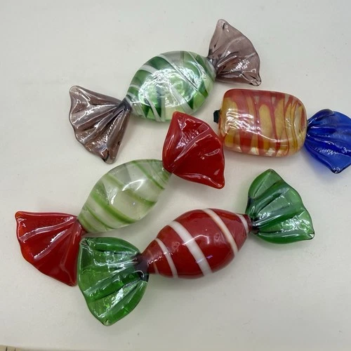 Vtg Murano Style Hand Blown Art Glass Candy Lot 4 Striped Bonbon 2" Mini