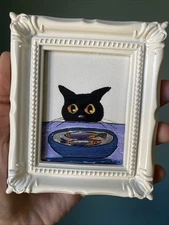 PRINT Black Cat And Fish Cute,funny, Painting,framed,miniature,small,mini
