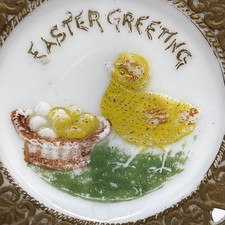 Antico piatto uova pulcino vetro latte Dithridge auguri pasquali bordo reticolato