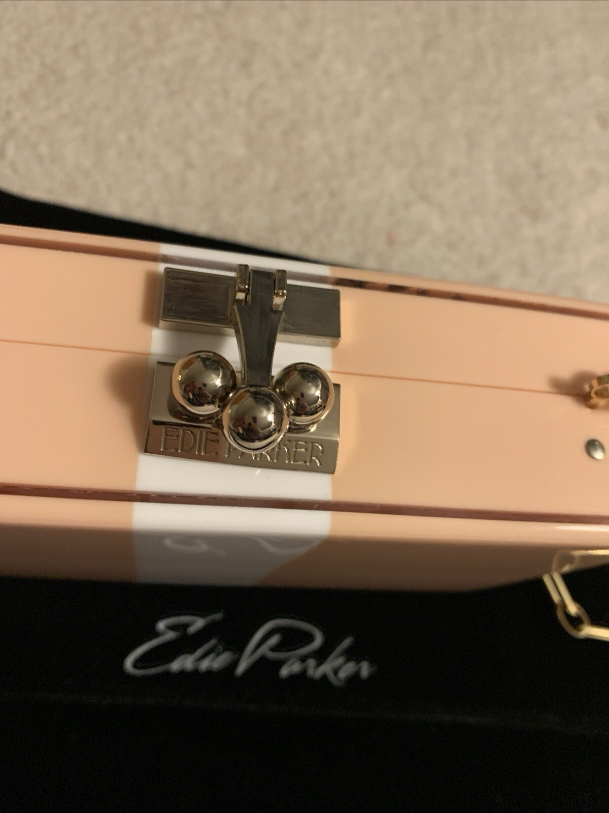 Edie Parker Jean W/Gold Link EP Chain Peachy Pink/White Wide Stripe Clutch