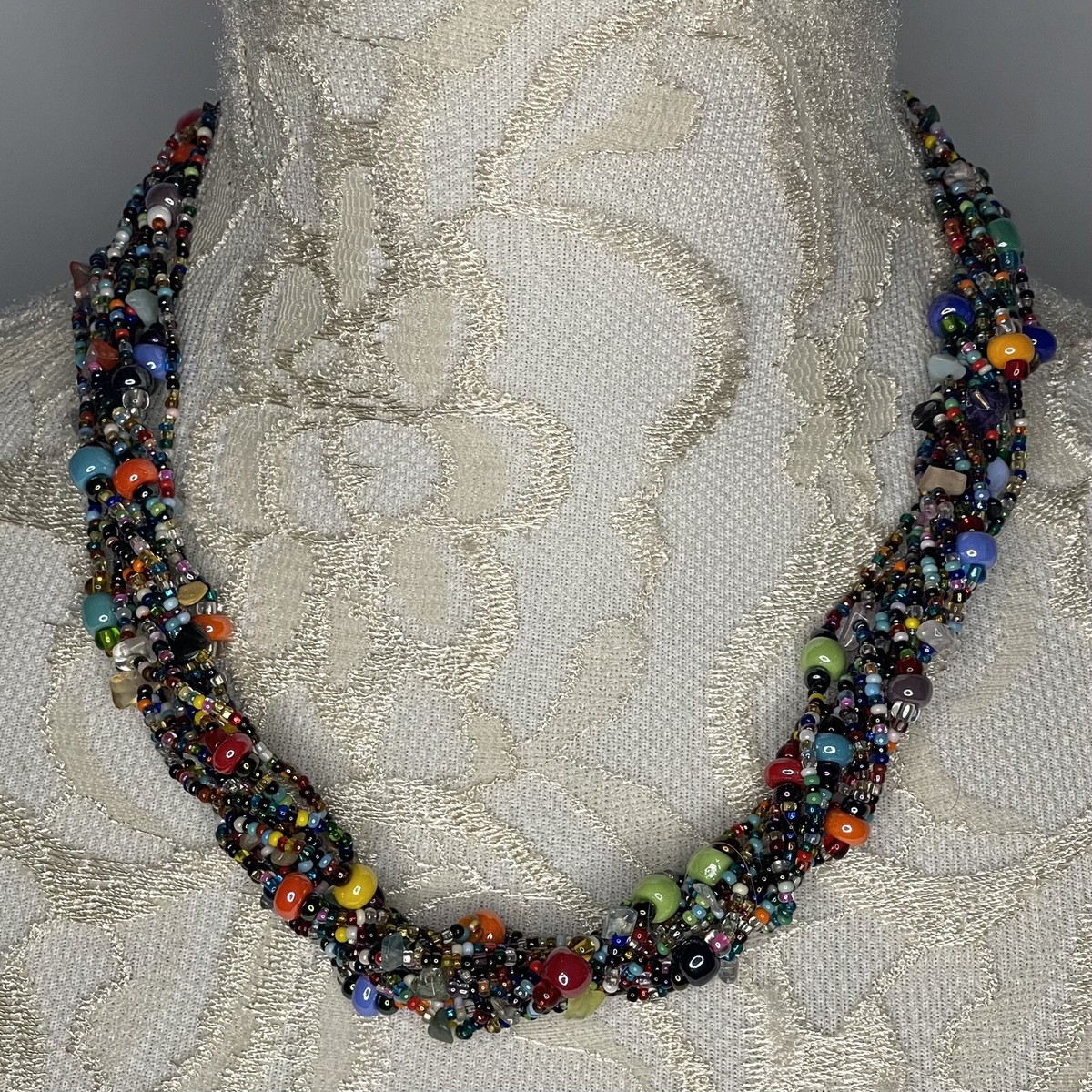 Vintage 12 Strand Beaded Torsade Necklace Multi Color Art  display picture 1