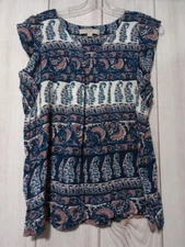 LOFT Shirt Ladies Large Petite Blue Floral Blouse Capped Sleeve Bohemian