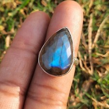 Faceted Blue Labradorite Pear Gemstone 925 Sterling Silver Ring Size 7.5