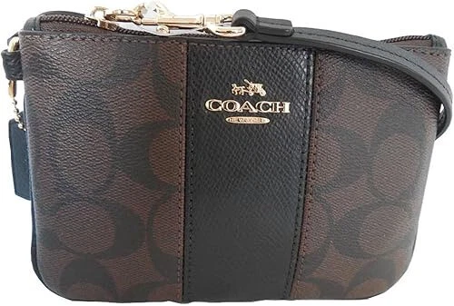 NUOVO COACH Signature PVC Pelle Piccolo Polso Marrone Nero Oro F52860 $75