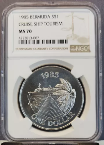 1985 BERMUDA SILVER DOLLAR S$1 CRUISE SHIP TOURISM NGC MS 70 PERFECTION POP 1