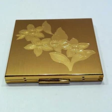 VTG Elgin American Compact Gold Tone Etched Floral Design Make-up Mirror in Box