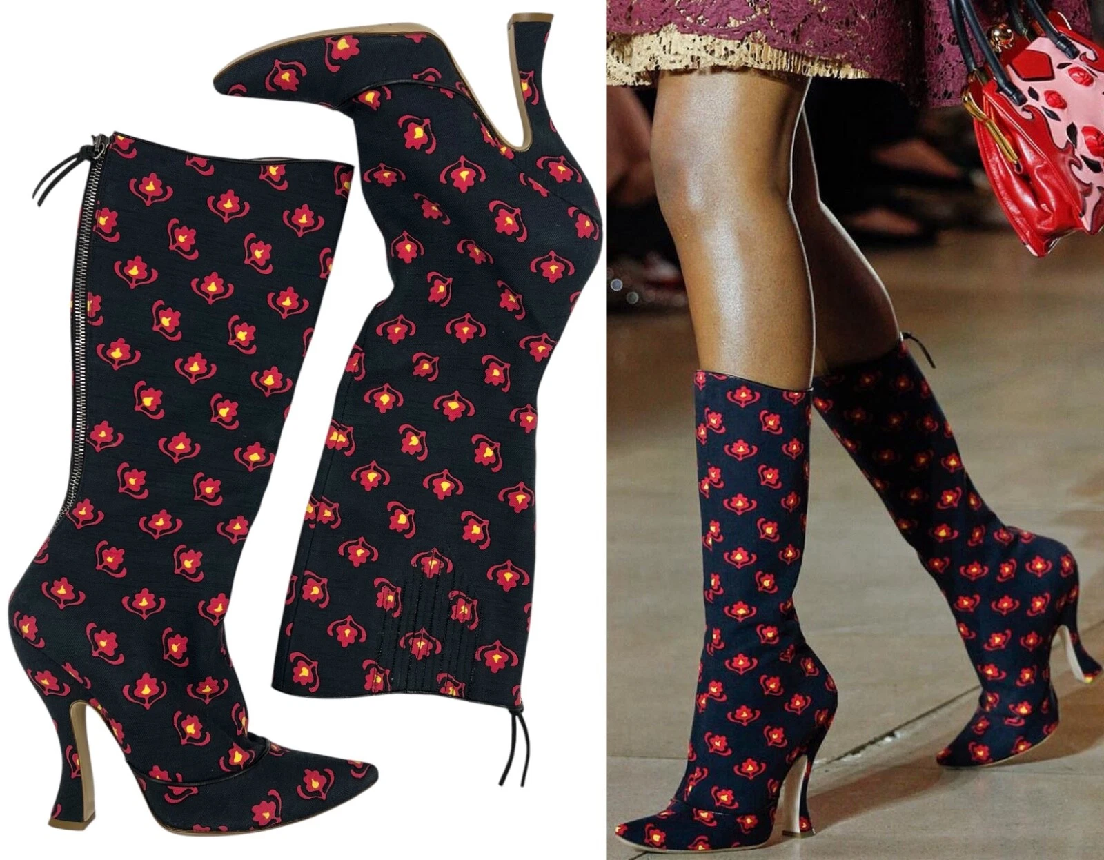 Miu Miu — MIU MIU S/S 2012 Runway Canvas Flower Print Mid Length Heel Boots  Sz 39/AU 8.5