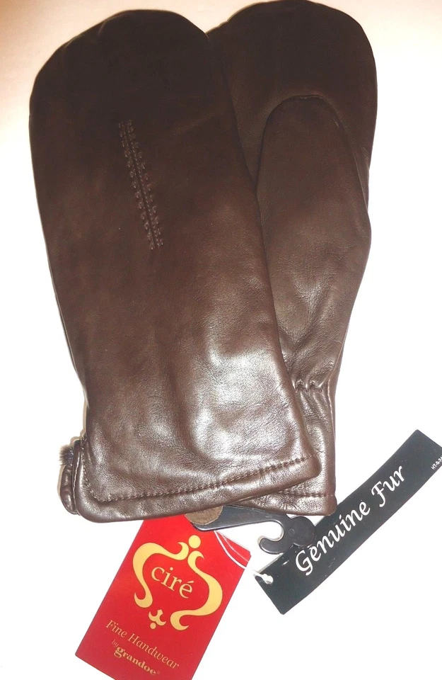 Mitones para dedos de cuero forrados de piel de conejo marrón Cire para dama, marrón Foto 2 de 4