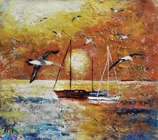YARY DLUHOS Sunset Sea Ocean Sailboats Seagulls Summer Original Art Oil Painting