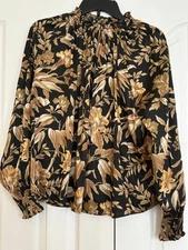 H&M Black Brown Floral Long Sleeve Career Satin Blouse Gathered Neckline Size 6