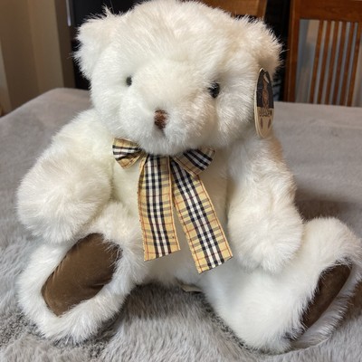 JUANS CORPORATION Plush Teddy Bear w/Tags, White, Plaid Ribbon, Vintage 1987 12 