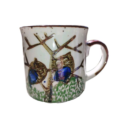 Tazza tazza caffè vintage ceramica gres maculato 2 gufi su arto rustica - Foto 2 di 4