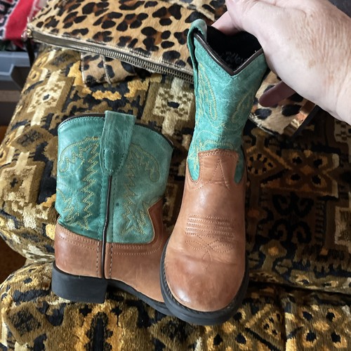 Old West Boots Brown And Turquoise 1905 Youth Size #1e - Picture 2 of 14