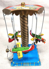 Vintage Tin Aeroplane Spinning Toy Carousel Wind Up Fairground Ride Toy 2"x2"x4"