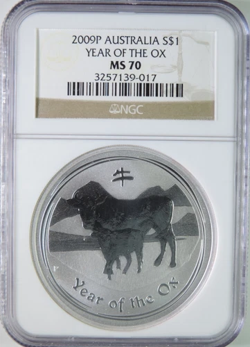 2009 P Australia Lunar Year of the Ox 1oz .999 Silver $1 Coin NGC MS70