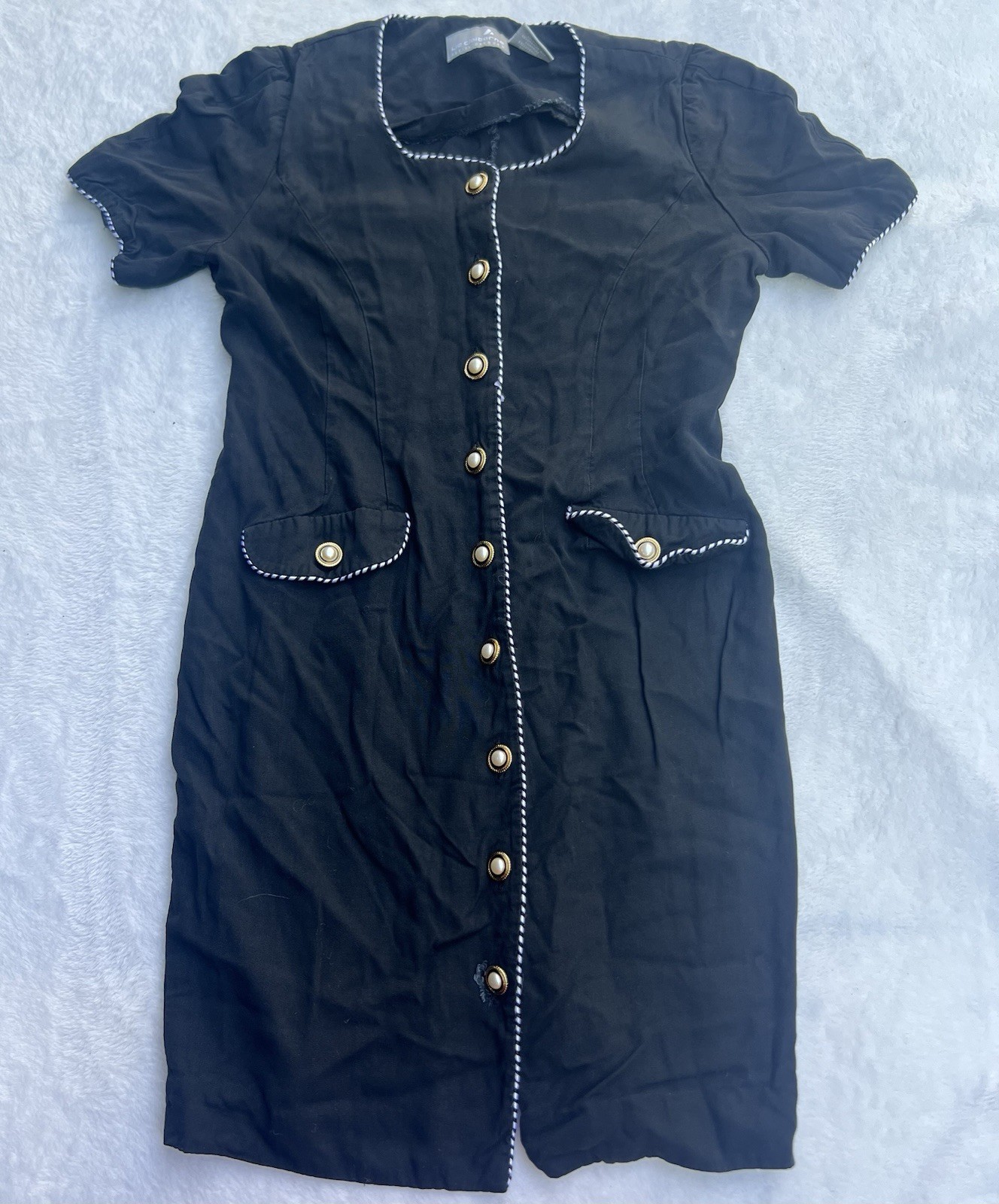 Vtg Liz Claiborne Midi Dress Linen Black Button Front 70s 80s Pockets Size 2 EUC