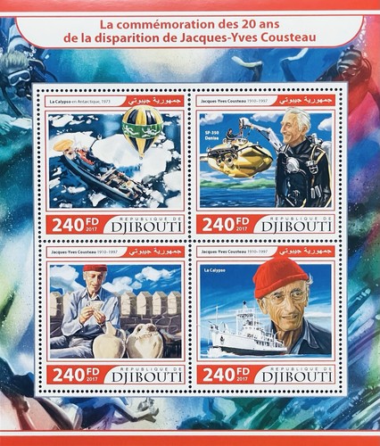 DJIBUTI JACQUES COUSTEAU BRIEFMARKENBOGEN 2017 POSTFRISCH TAUCHER CALYPSO TAUCHBOOT