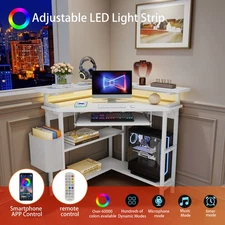 Triangle Corner Desk Computer Desk w/Power Outlets, LED Lights, Keyboard Tray US