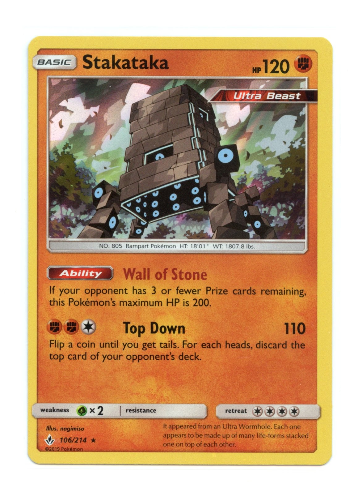 Stakataka 106/214 Holo Rare Holo SM - Unbroken Bonds Pokemon LP