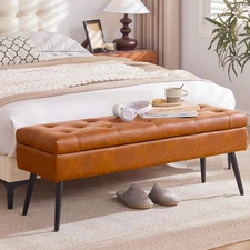 Storage Ottoman Bench, 43.5" Faux Leather Tufted Entryway Bench, Long Ottoman wi