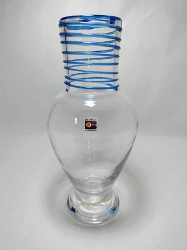 Blenko Art Glass Tall Vase 909 Crystal with Cobalt Blue Spiral Coil 13" Vintage