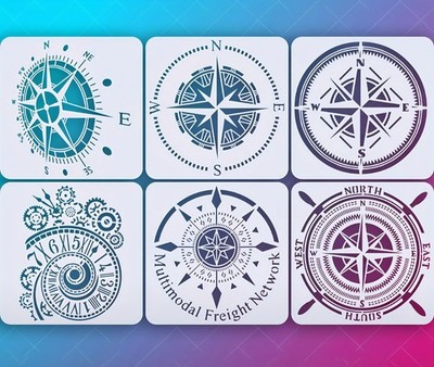 6 Pc Set Craft Stencils Nautical Star Compass Clock Gears Map North West Symbols