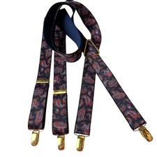 Vintage CAS West Germany Suspenders w/Clips Men's Formal Red Paisley Brass Navy