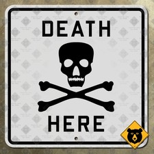 Mississippi Death Here advertencia señal de carretera calavera y huesos cruzados 1938 12x12