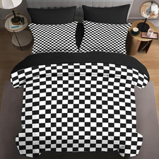 Plaid Checkerboard Grid Black White Quilt Comforter Set 5 Pcs Twin Size, Checker