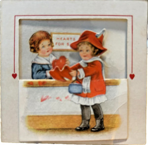 Pop-out vintage valentine: front folds down to show girl buying valentine fr boy