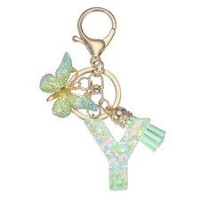 Alphabet Initial Letter Keychain Cute Charm with Tassel Butterfly Letter Y Green